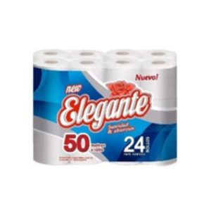 Rollos de papel higiénico premium, marca Elegante, paquetes de 24 rollos por 50 metros c/u, hoja simple. Suavidad y Absorción.