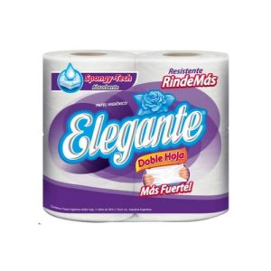 Rollos de papel higiénico doble hoja, marca Elegante, paquete de 4 rollos por 30 metros cada uno. Rinde Más.