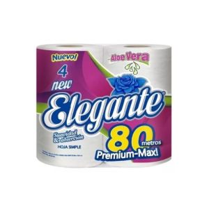 Rollos de papel higiénico premium, marca Elegante, paquetes 4 rollos de 80 metros c/u, hoja simple con Aloe de Vera.