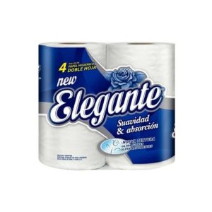 Rollos de papel higiénico doble hoja, marca Elegante, paquete de 4 rollos por 30 metros cada uno. Venta por mayor.