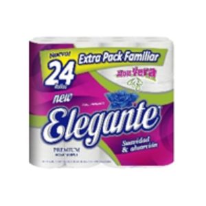Rollos de papel higiénico premium, marca Elegante, paquetes de 24 rollos de 30 metros c/u. Hoja simple con Aloe de Vera.