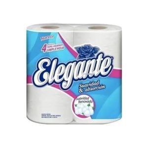 Rollos de papel higiénico premium, marca Elegante, paquetes de 4 rollos por 30 metros cada uno, hoja simple.
