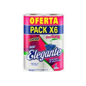 Rollos de papel higiéncio premium, marca Elegante, paquetes de 6 rollos por 30 metros c/u, hoja simple con Aloe de Vera.