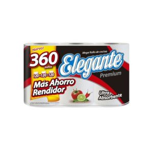 Mega Rollo de cocina 360 paños, Elegante premium, 3 rollos x 120, 360 paños. Ultra absorbente. Más ahorro rendidor.