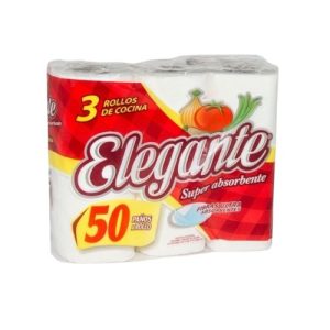 Rollos de cocina Elegante Premium, 3 rollos por 50 paños c/u. Papel absorbente de cocina.