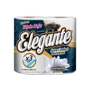 Rollos de papel higiénico triple hoja, marca Elegante, paquete de 4 rollos por 30 metros cada uno.
