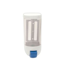 Dispenser de acrilico para jabón líquido para manos. Color blanco con teclas azules o grises.