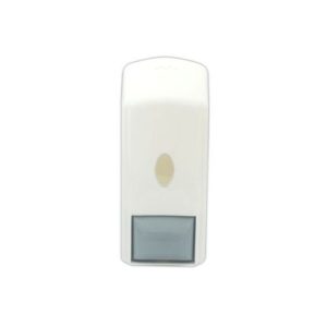 Dispenser de plástico para jabón líquido. Color blanco con tecla gris o azul.