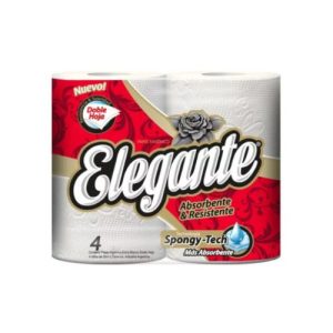 Rollos de papel higiénico doble hoja, marca Elegante, paquete de 4 rollos por 20 metros cada uno.