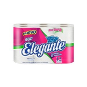 Rollos de papel higiénico premium, marca Elegante, paquetes de 12 rollos por 30 metros c/u, hoja simple con Aloe de Vera.