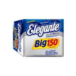 Servilletas Elegante Premium, Soft blanca, paquete por 150 unidades, medidas 32 cm x 32 cm. Bulto por 18 paquetes.