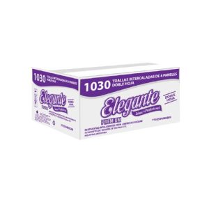 Toallas de papel intercaladas de 4 paneles doble hoja. Marca Elegante. Caja de 10 paquetes de 100 toallas c/u.